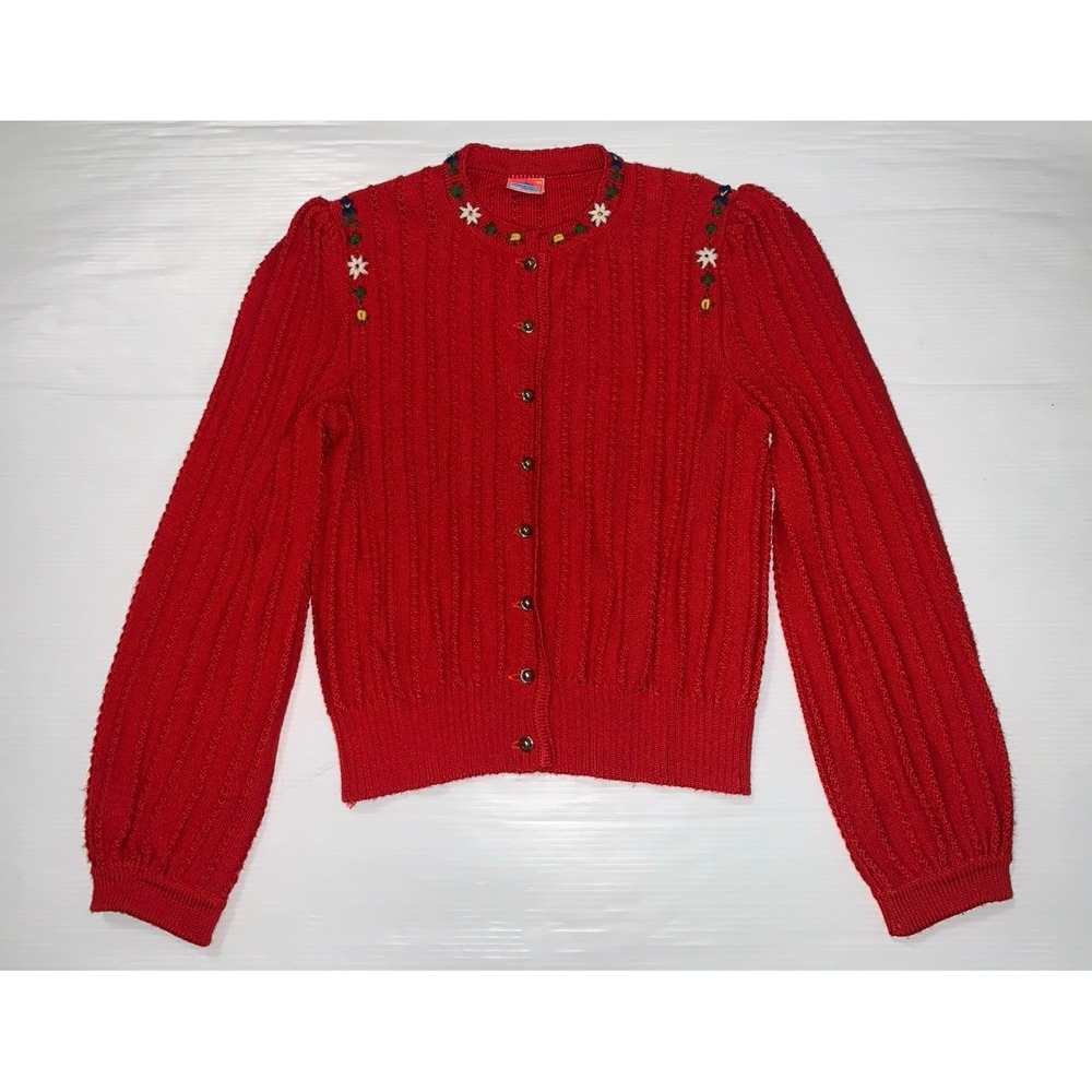 Pfister Zillertaler Cardigan Women M/L Red Vintage Floral Knit CottageCore